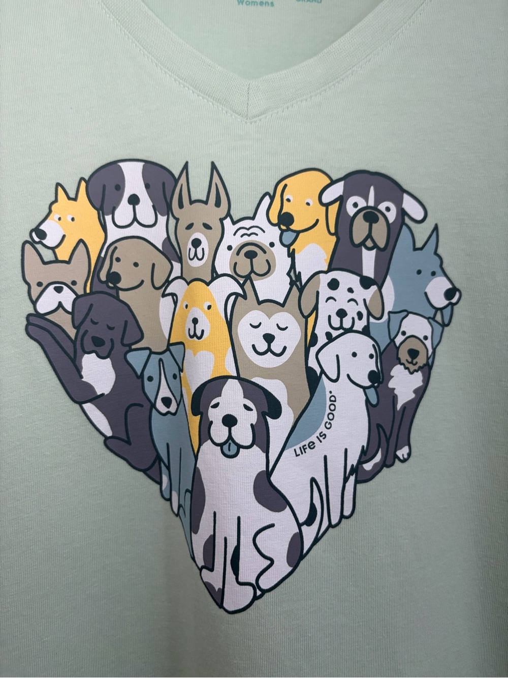 Life Is Good Mint Green V-Neck Tee with Heart Puppy Graphic - Picture 4 of 15